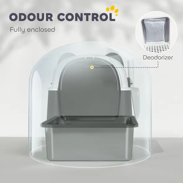 PawHut Panda Style XL Stainless Steel Cat Litter Box with Lid, Enclosed Kitty Litter Box with Scoop, 60 x 40 x 45 cm - 7