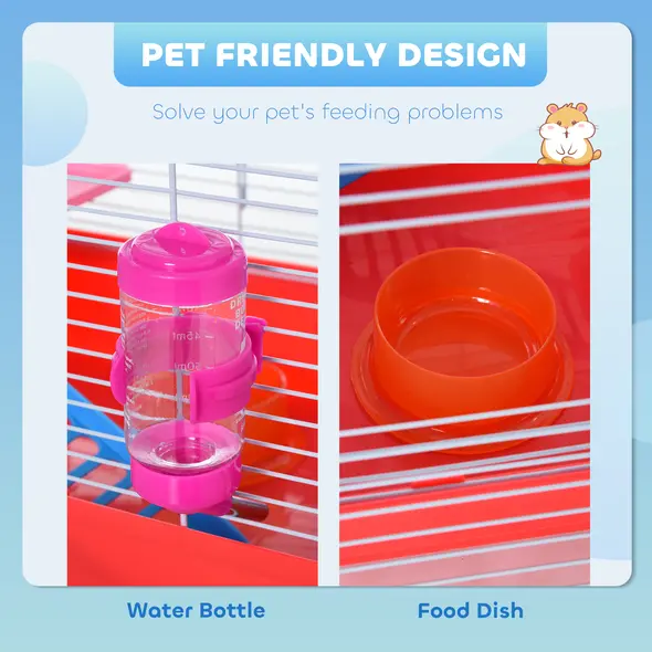 PawHut Hamster Cage, Small Gerbil Cage 2 Tiers Portable w/ Handle, Exercise Wheel, Water Bottle, Dishes - 4