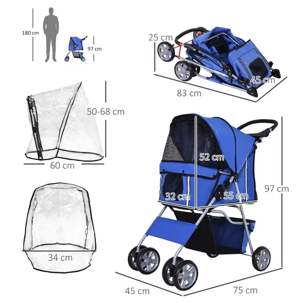 PawHut Dog Stroller with Rain Cover for Small Miniature Dogs, Folding Pet Pram with Cup Holder, Storage Basket, Reflective Strips, Blue - 3