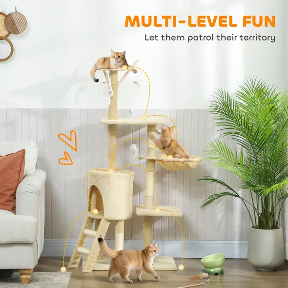 PawHut Multi-Level Cat Tree with Scratching Post, Ladder, Cat House, Beige - 4