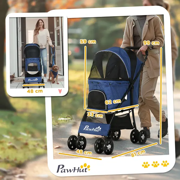 PawHut Foldable Pet Stroller for Dogs, Puppy Stroller, with Large Carriage, Brakes, Canopy - Blue - 3