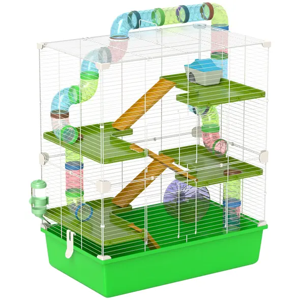 PawHut Hamster Cage w/ Water Bottle, Exercise Wheel, Tubes, Ramps - Green - 1