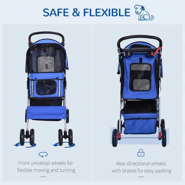PawHut Dog Stroller with Rain Cover for Small Miniature Dogs, Folding Pet Pram with Cup Holder, Storage Basket, Reflective Strips, Blue - 5