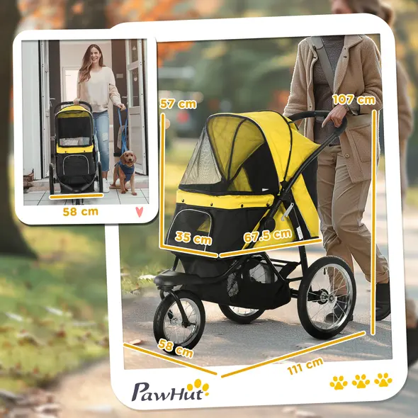 PawHut Foldable Pet Stroller Jogger, with Three Wheels, Canopy, for Medium and Small Dogs, Yellow - 3