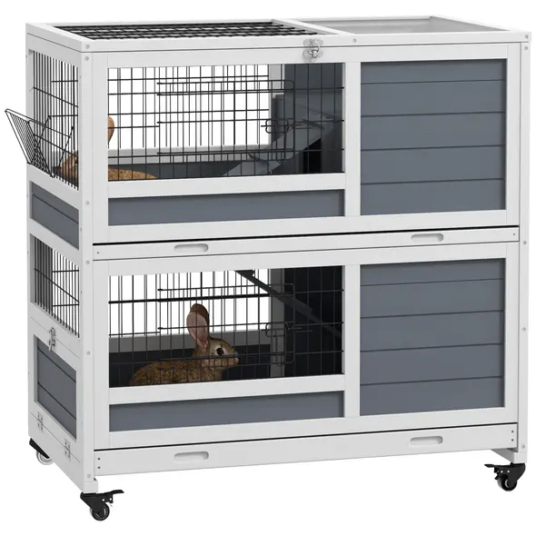 PawHut Double Deckers Guinea Pig Cage, Indoor Rabbit Hutch with Feeding Trough, Trays, Ramps, Openable Top - Grey - 1