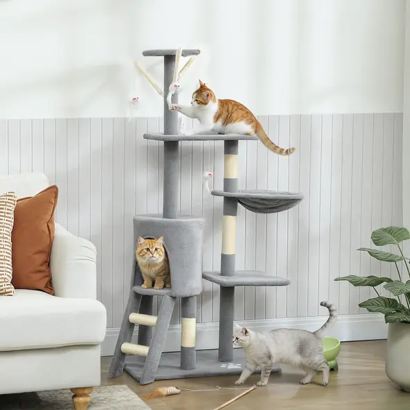 PawHut Multi-Level Cat Tower, 134cm Cat Tree with Condo and Sisal Scratching Posts for Indoor Kittens, Grey - 2