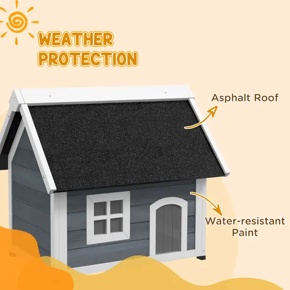 PawHut Outdoor Cat House, Wooden Feral Cat Shelter, with Openable Asphalt Roof, Three Doors - Grey - 6