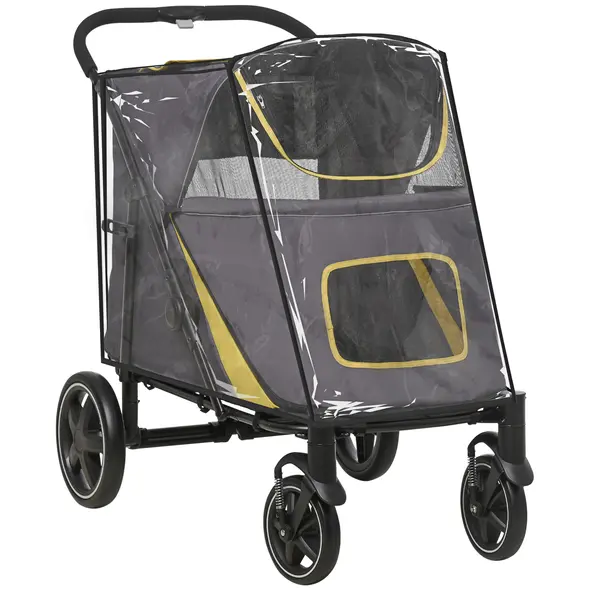 PawHut One-Click Foldable Pet Travel Stroller with Rain Cover, Cat Dog Pushchair with Universal Front Wheels, Shock Absorber, Storage Bags, Mesh Window, Safety Leash for Large and Medium Dogs (Grey) - 1