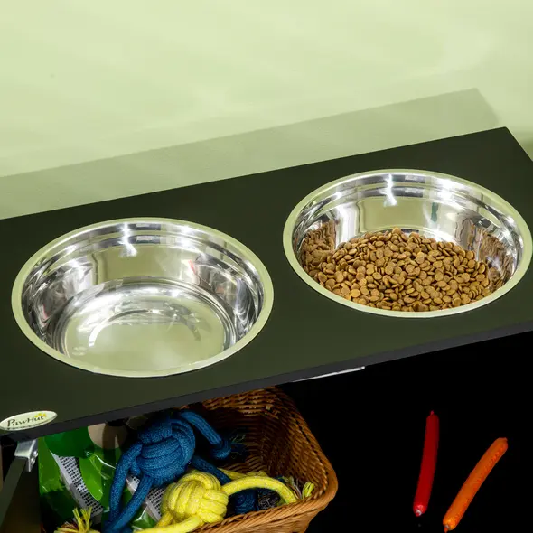 PawHut Raised Pet Feeder, with Two Bowls, Storage - Black - 8