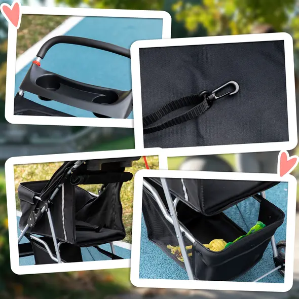 PawHut Pet Stroller for Small Miniature Dogs Cats Foldable Travel Carriage with Wheels Zipper Entry Cup Holder Storage Basket Black - 8