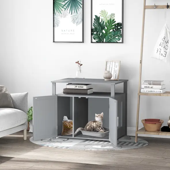 PawHut Wooden Cat Litter Box Enclosure Furniture with Adjustable Interior Wall & Large Tabletop for Nightstand, Grey - 2