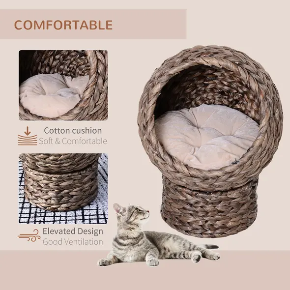 PawHut Wicker Cat Bed, Raised Rattan Cat Basket with Cylindrical Base, Soft Washable Cushion, 42 x 33 x 52cm - Brown - 4