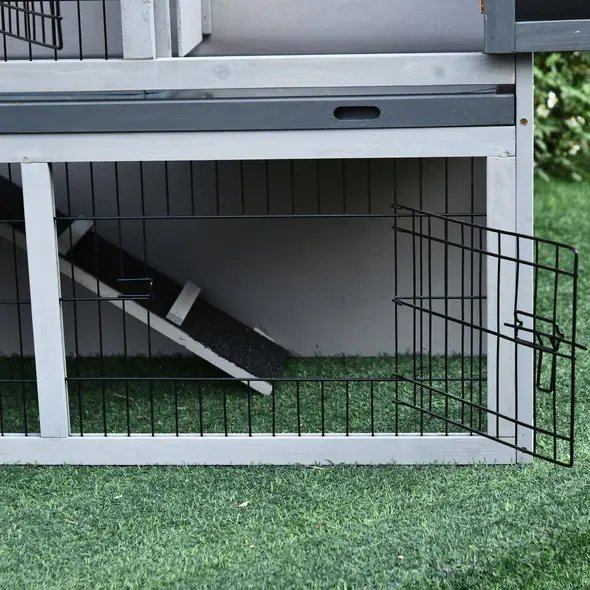 PawHut Small Animal Two-Level Fir Wood Guinea Pigs Hutches Bunny Cage w/ Slide Out Tray Grey - 7
