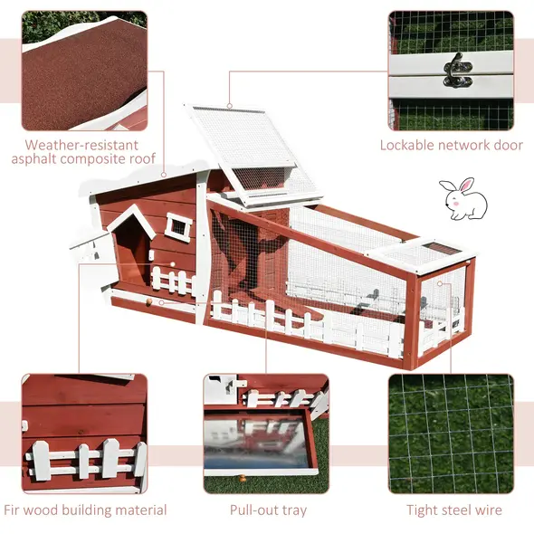 PawHut Rabbits Outdoor Fir Wood Guinea Pigs Hutches w/ Ramp Wine-Brown - 5