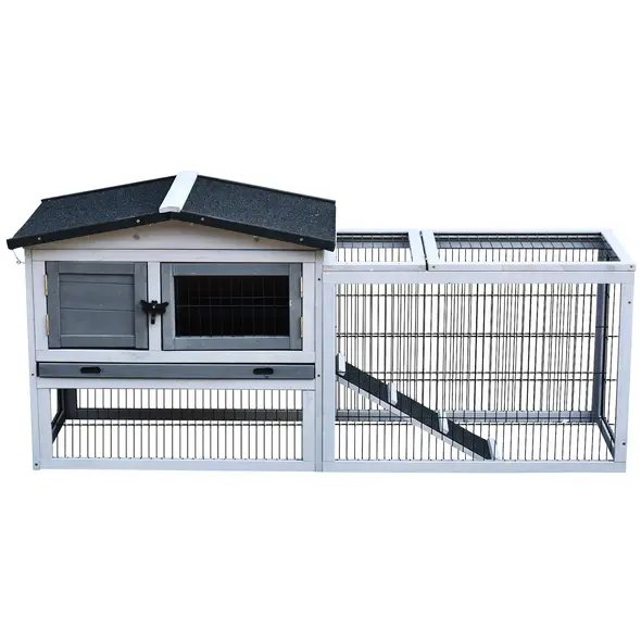 PawHut Small Animal Two-Level Fir Wood Guinea Pigs Hutches w/ Ramp Burnt Grey - 9