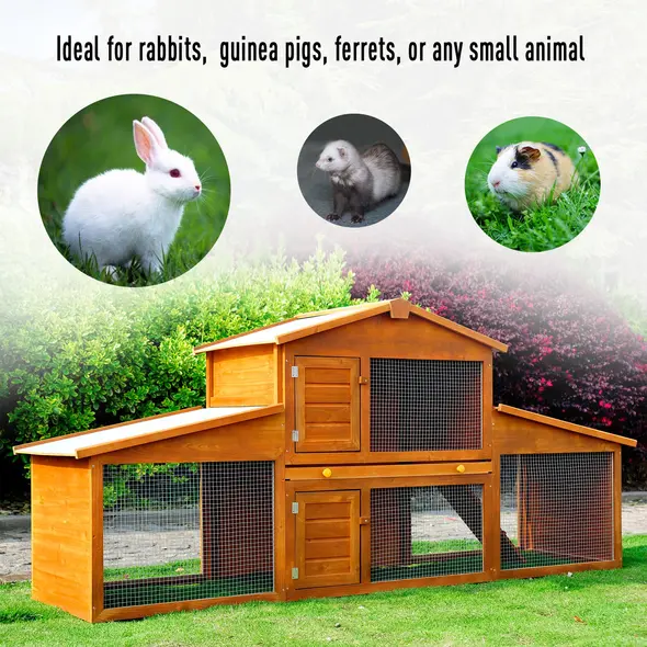 PawHut Small Animal Deluxe XXL Fir Wood 2-Tier Guinea Pigs Hutches Natural Wood Tone - 5