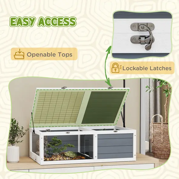 PawHut Tortoise Table with Adjustable Lamp Holder, Wooden Tortoise House w/ Openable Lids, Pull-Out Trays - Grey - 6