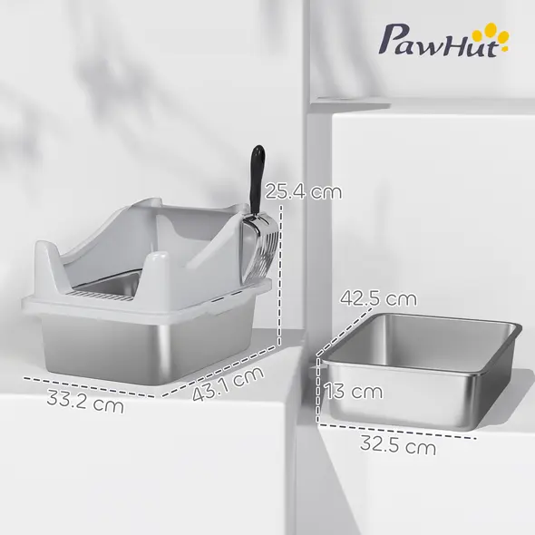 PawHut Stainless Steel Cat Litter Box with High Sides, Metal Scoop, 43 x 33 x 25 cm - 3