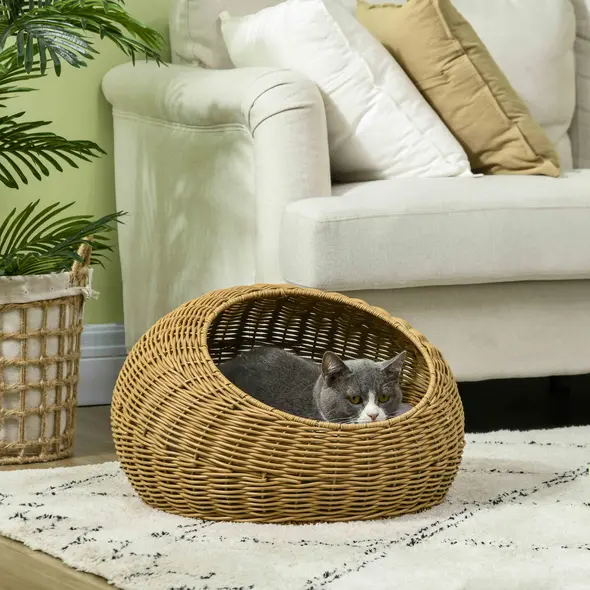 PawHut Wicker Cat House with Washable Cushion for Indoor Cats, Light Brown - 2