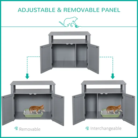 PawHut Wooden Cat Litter Box Enclosure Furniture with Adjustable Interior Wall & Large Tabletop for Nightstand, Grey - 5
