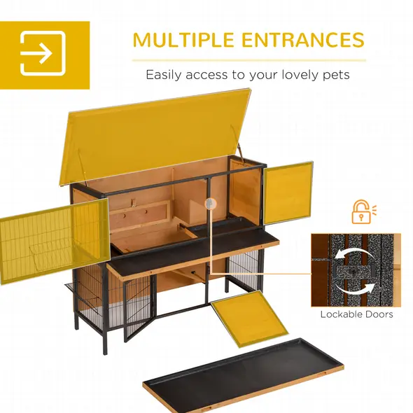 PawHut Rabbit Hutch Outdoor Guinea Pig Hutch Bunny Cage Metal Frame with  No-Leak Tray Openable Roof Light Yellow 122 x 50 x 101cm - 7