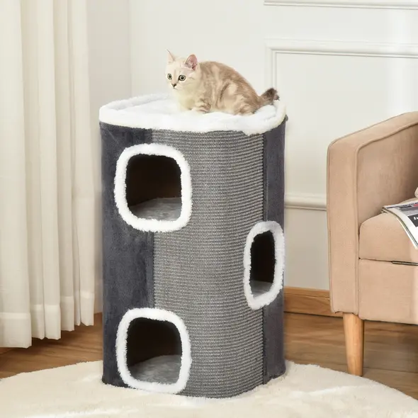 PawHut Sisal Cat Barrel with Soft Plush & Lamb Fleece Grey - 2
