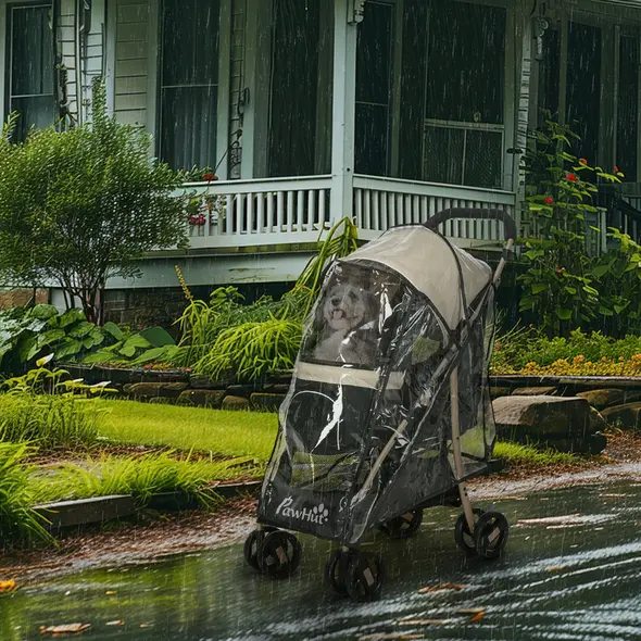 PawHut Pet Stroller for Small and Miniature Dogs, with Rain Cover - Khaki - 2