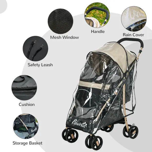 PawHut Pet Stroller for Small and Miniature Dogs, with Rain Cover - Khaki - 7