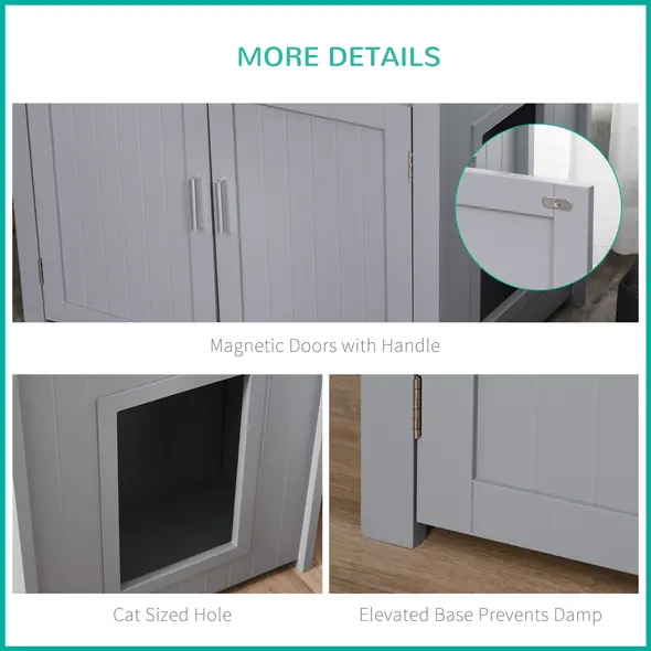 PawHut Wooden Cat Litter Box Enclosure Furniture with Adjustable Interior Wall & Large Tabletop for Nightstand, Grey - 7