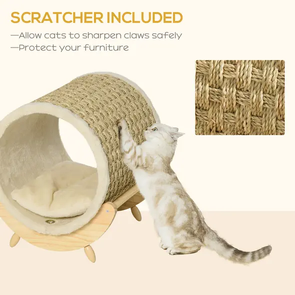 PawHut Raised Cat House, with Scratcher - Beige - 4