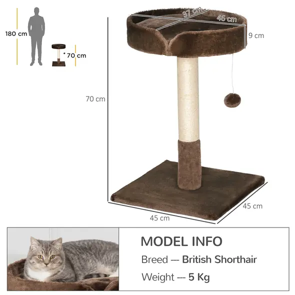 PawHut Small Cat Tree for Indoor Cats with Sisal Scratching Post Kitten Bed Cushion Ball Toy, Brown, 45x45x70 cm - 3