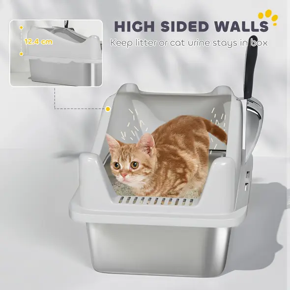 PawHut Stainless Steel Cat Litter Box with High Sides, Metal Scoop, 43 x 33 x 25 cm - 6