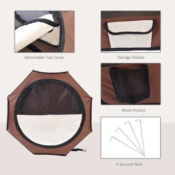 PawHut Portable Cat Dog Playpen Pet Puppy Rabbit Guinea Pig Pen Run Dia 90 x 41H cm Indoor & Outdoor Brown - 5