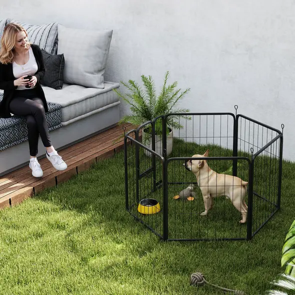 PawHut Six-Panel Dog Playpen with Door, for Small Dogs, Indoors, Outdoors, 60cm Tall, Black - 2