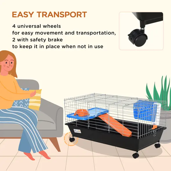 PawHut Small Animal Cage Rabbit Guinea Pigs Chinchillas Cage w/ Wheels Water Bottle Food Dish Platform Ramp 89 x 44 x 43 cm Black - 5