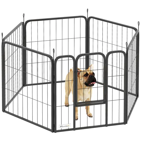 PawHut Six-Panel Dog Playpen with Door, for Small Dogs, Indoors, Outdoors, 60cm Tall, Black - 1