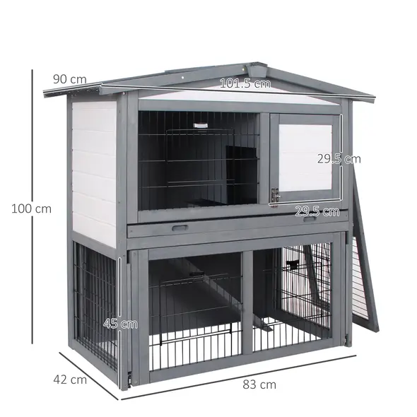 PawHut Rabbits 2-Tier Fur Wood Outdoor Hutch Guinea Pigs Hutches Grey - 3