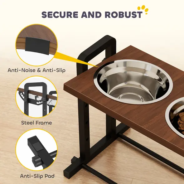 PawHut Raised Dog Bowls with Stand, 4 Heights Adjustable Pet Feeder with 3 Adjustable Angles for Small, Medium & Large Breeds, Brown - 7