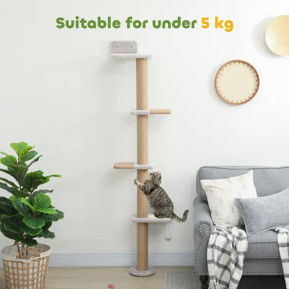 PawHut Wall Mounted Cat Shelves, Cat Climbing Wall with 4 Climbing Platforms, Jute Scratching Post and Toy Ball,180cm Tall, Light Grey - 7