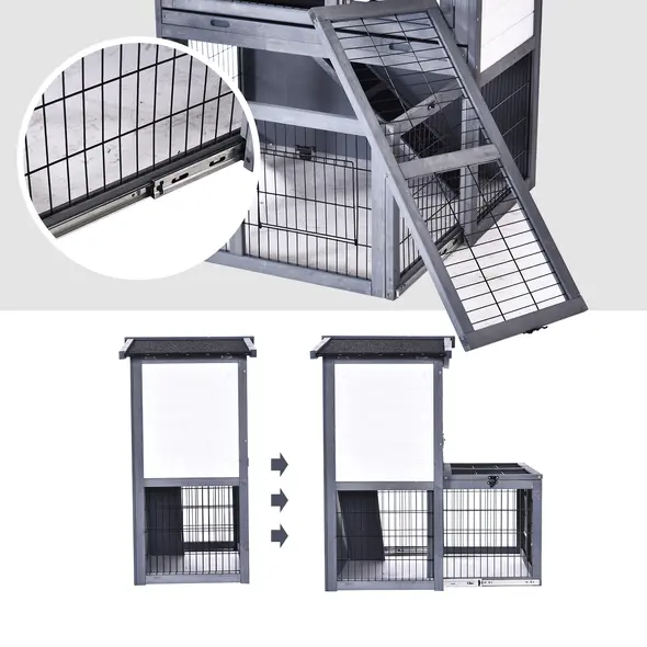 PawHut Rabbits 2-Tier Fur Wood Outdoor Hutch Guinea Pigs Hutches Grey - 7