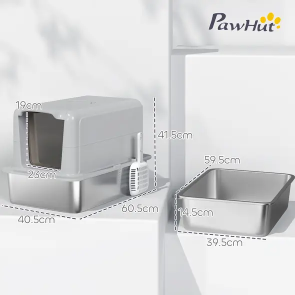 PawHut Stainless Steel Cat Litter Box with Removable Lid, Scoop, Filter Bags, for Larger Cats, Grey - 3