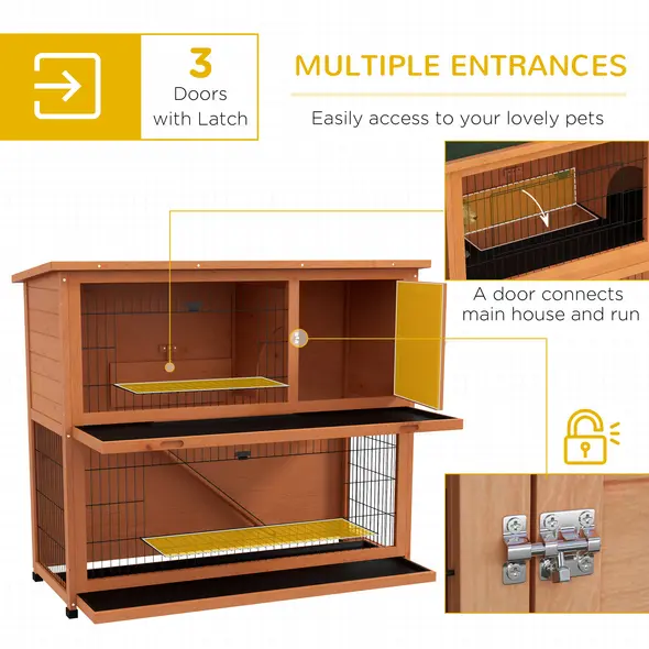 PawHut Two-Tier Antiseptic Wood Rabbit Hutch, 102cm Guinea Pig Hutch with Run - Orange - 4
