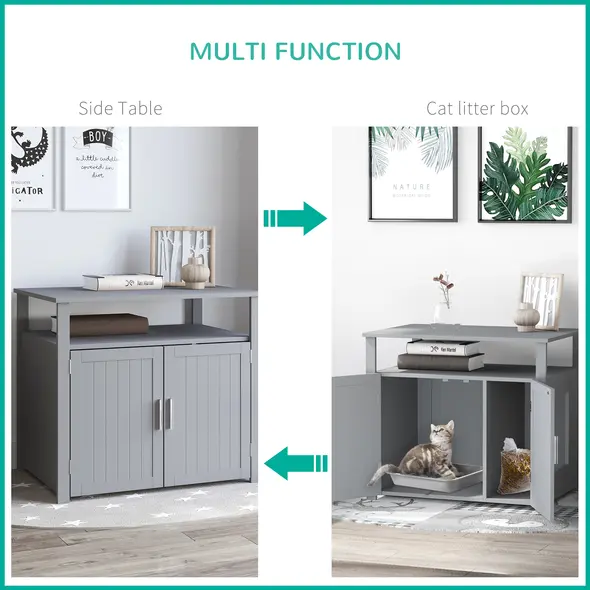 PawHut Wooden Cat Litter Box Enclosure Furniture with Adjustable Interior Wall & Large Tabletop for Nightstand, Grey - 6
