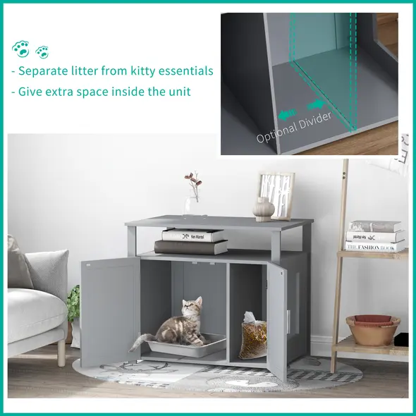 PawHut Wooden Cat Litter Box Enclosure Furniture with Adjustable Interior Wall & Large Tabletop for Nightstand, Grey - 4