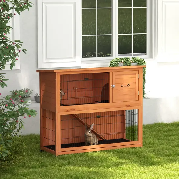 PawHut Two-Tier Antiseptic Wood Rabbit Hutch, 102cm Guinea Pig Hutch with Run - Orange - 2