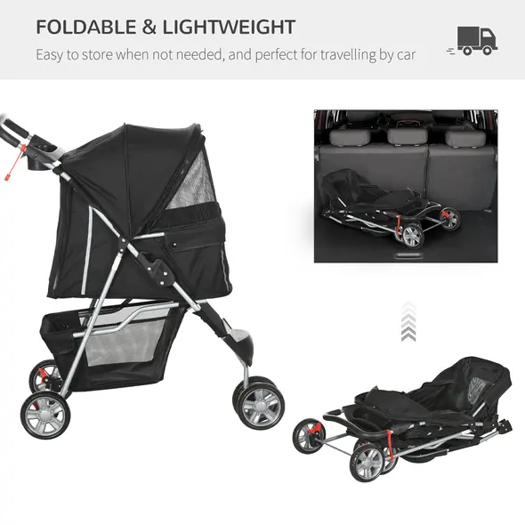 PawHut Pet Travel Stroller with Rain Cover, 3 Wheels Foldable Cat Dog Pushchair with Storage Basket and Cupholder for Small Miniature Dogs(Black) - 5