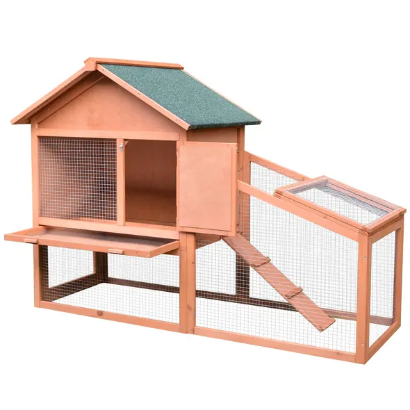 PawHut Small Animal Two-Level Fir Wood Guinea Pigs Hutches w/ Slide Out Tray Red/Brown - 1
