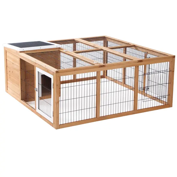 PawHut Rabbit Hutch Outdoor, Guinea Pig House, Bunny Run Cage with Openable Top for 1–2 Rabbits, 123 x 120 x 52cm, Yellow - 1