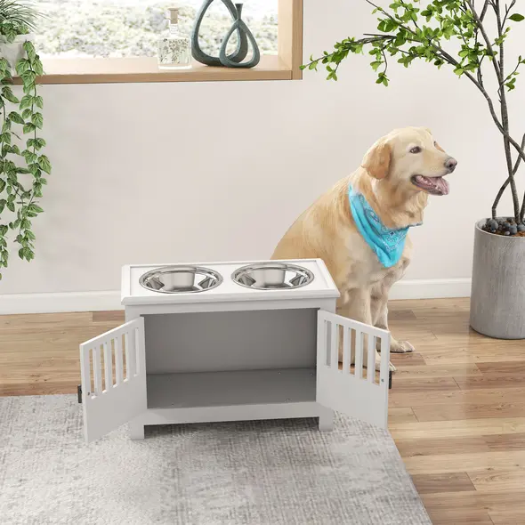 PawHut Raised Dog Bowls, Pet Feeding Station, with Storage, Food and Water Bowls, for Large Dogs - White - 8