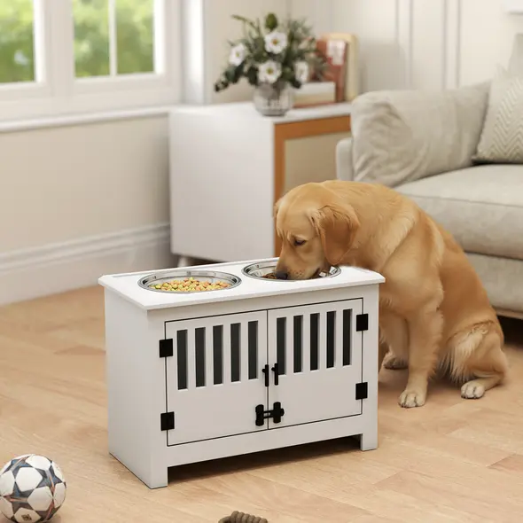 PawHut Raised Dog Bowls, Pet Feeding Station, with Storage, Food and Water Bowls, for Large Dogs - White - 2